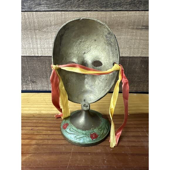 Vtg Brass Mask Mardi Gras Tribal Hand Painted on Brass Stand Made in India 7” - Picture 3 of 5